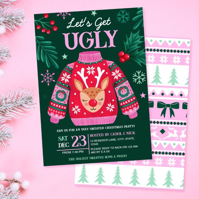 Ugly Sweater Christmas Party Reindeer and Holly Invitation (Ugly Sweater Christmas Party Reindeer and Holly Invitation)
