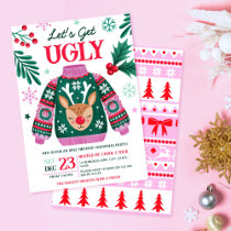 Ugly Sweater Christmas Party Reindeer and Holly Invitation