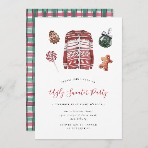 Ugly Sweater Christmas Party Watercolor Flannel  Invitation
