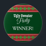 Ugly Sweater Christmas Party Winner Pinback Button<br><div class="desc">This Ugly Sweater Christmas Party WINNER button features a dark green background accented with a Nordic knit design to look like an ugly Christmas sweater. The white text reads: Ugly Sweater Party WINNER!</div>