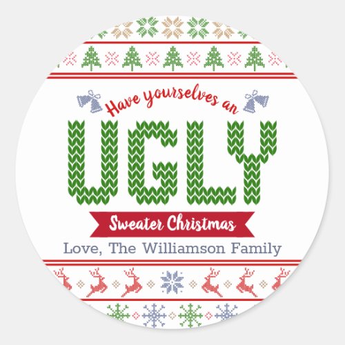 Ugly Sweater Christmas Red Green Tacky Nordic Knit Classic Round Sticker