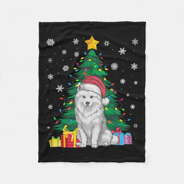 Ugly Sweater Christmas Tree Lights Samoyed Dog San Fleece Blanket (Front)