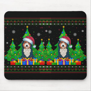 Ugly Sweater Christmas Tree Santa Hat Bernedoodle Mouse Pad
