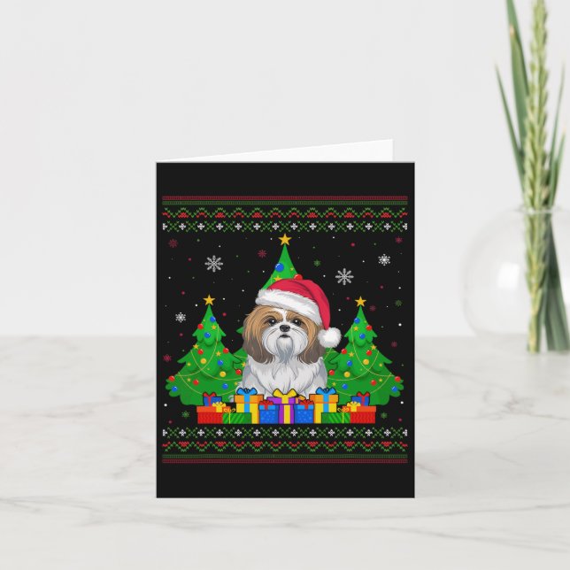 Ugly Sweater Christmas Tree Santa Hat Shih Tzu Dog Card (Front)