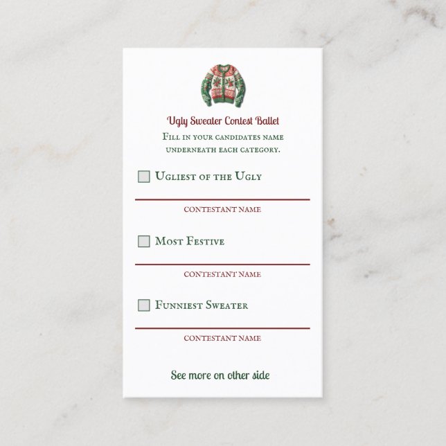 Ugly Sweater Contest Voter Ballet Business Card (Front)