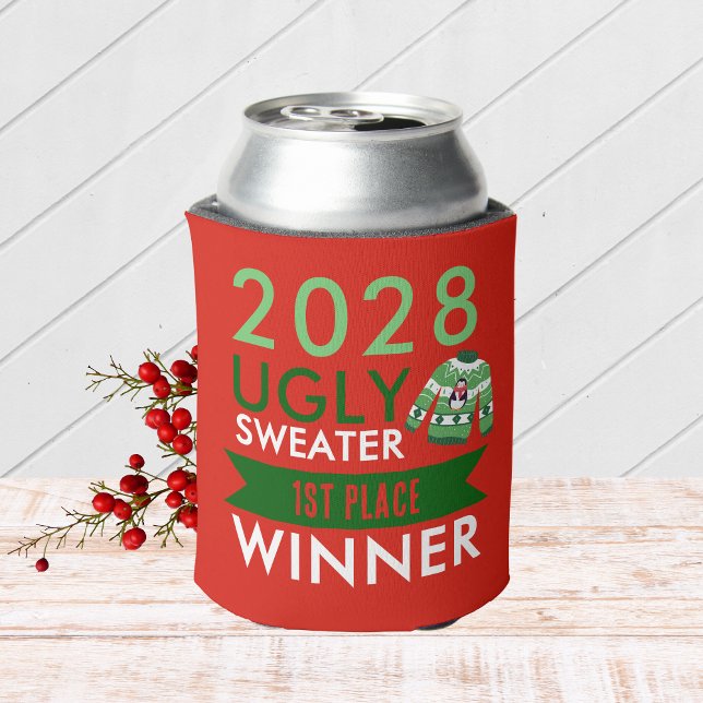 Ugly Sweater Contest Winner Award Prize Can Cooler (Ugly Christmas Sweater Holiday Competition Contest Prize Button for the Winner )