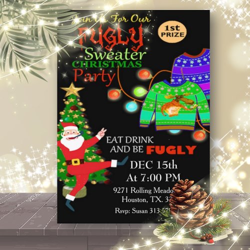 Ugly Sweater Eat Drink Be Fugly Christmas Party Invitation