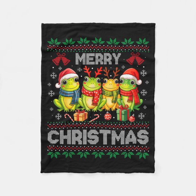Ugly Sweater Frogs Santa Hat Reindeer Xmas Frog Lo Fleece Blanket (Front)