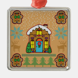 Ugly Sweater Gingerbread House Men Metal Ornament