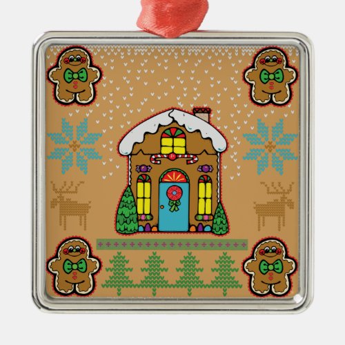 Ugly Sweater Gingerbread House Men Metal Ornament
