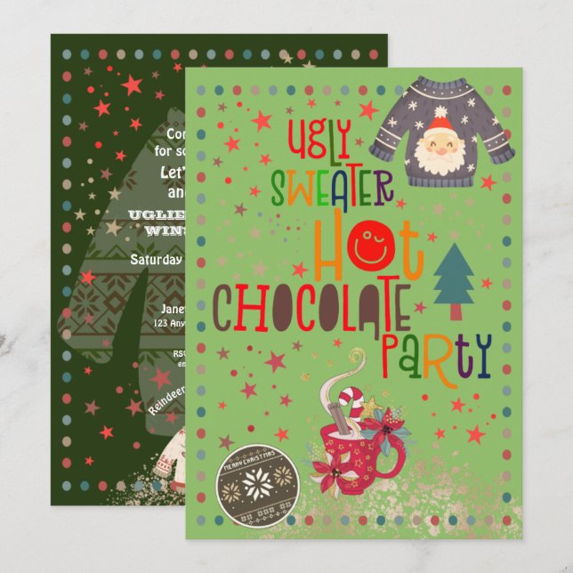 Ugly Sweater Hot Chocolate Green Christmas Party Invitation (Front/Back)