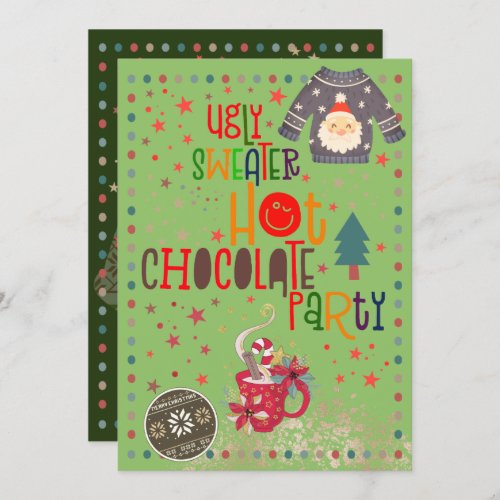 Ugly Sweater Hot Chocolate Green Christmas Party Invitation