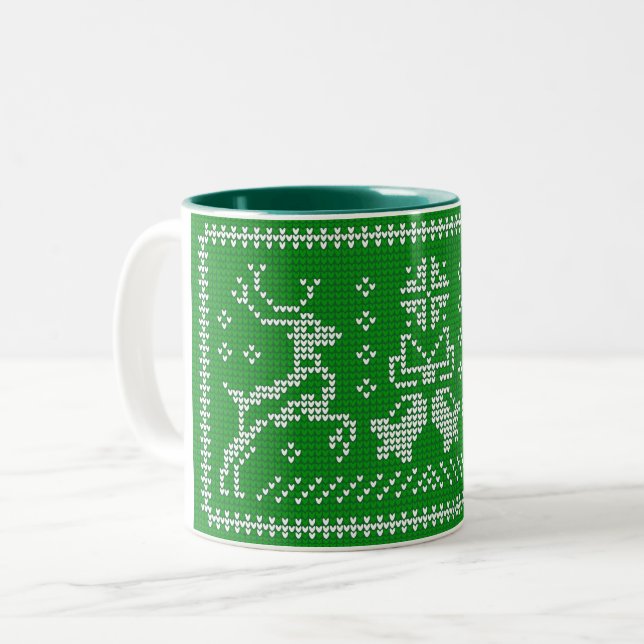 Ugly sweater jingle bells Christmas deers green Co Two-Tone Coffee Mug (Front Left)