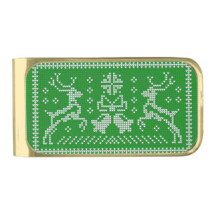Ugly sweater jingle bells Christmas deers green Gold Finish Money Clip