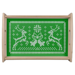 Ugly sweater jingle bells Christmas deers green Serving Tray