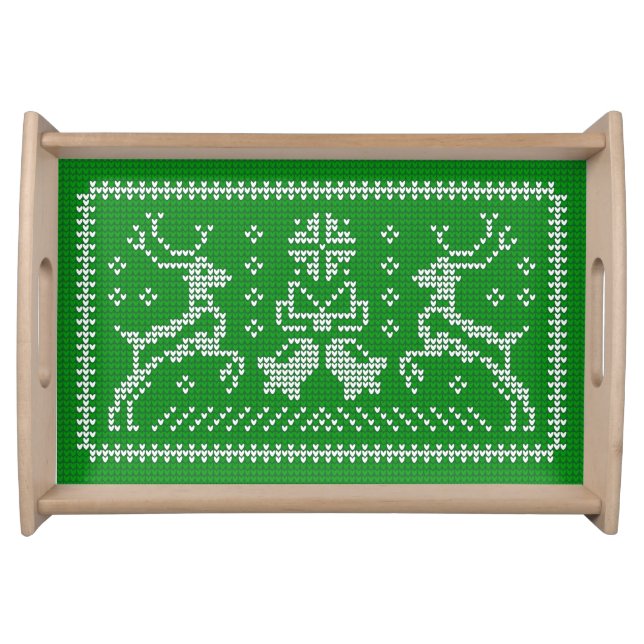 Ugly sweater jingle bells Christmas deers green  Serving Tray (Front)