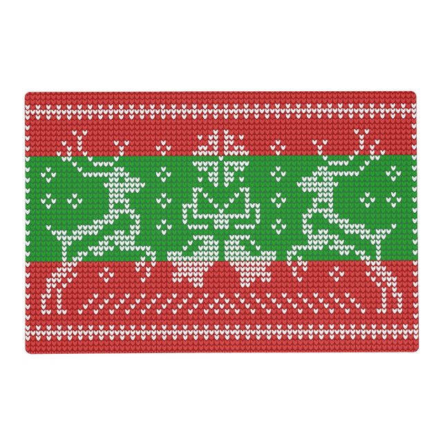 Ugly sweater jingle bells Xmas reindeers crochet Placemat (Front)