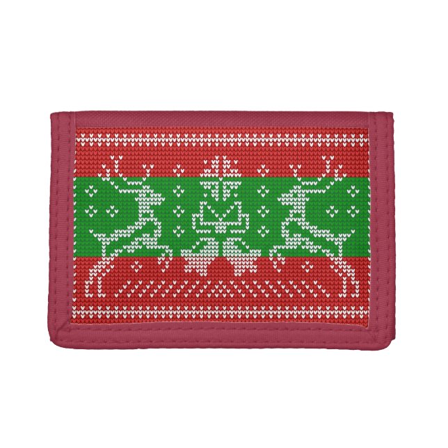 Ugly sweater jingle bells Xmas reindeers crochet Trifold Wallet (Front)
