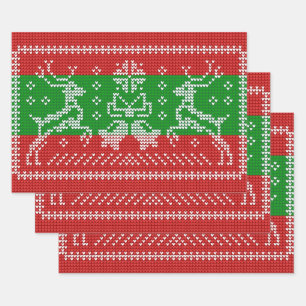 Ugly sweater jingle bells Xmas reindeers crochet Wrapping Paper Sheets