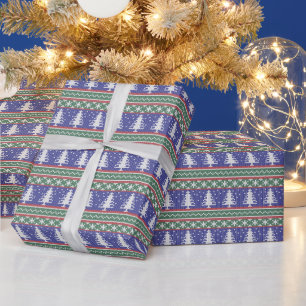 Ugly Sweater Knit Christmas Pattern Blue Wrapping Paper