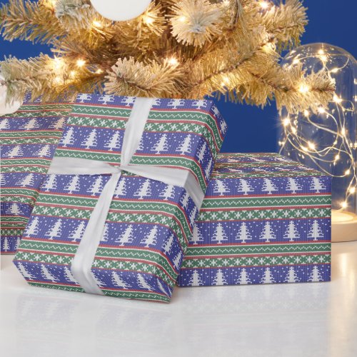 Ugly Sweater Knit Christmas Pattern  Blue Wrapping Paper