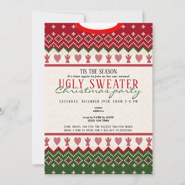 Ugly Sweater Knitted Hygge Angel Hearts Christmas Invitation (Front)