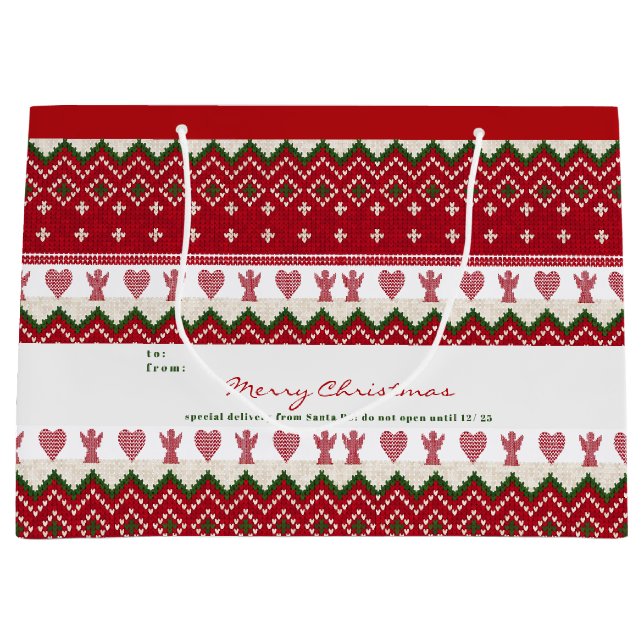 Ugly Sweater Knitted Hygge Angels Hearts Christmas Large Gift Bag (Front)