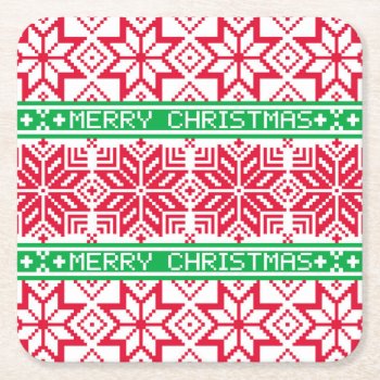 Ugly Sweater Merry Christmas Red Green Snowflake Square Paper Coaster by its_sparkle_motion at Zazzle