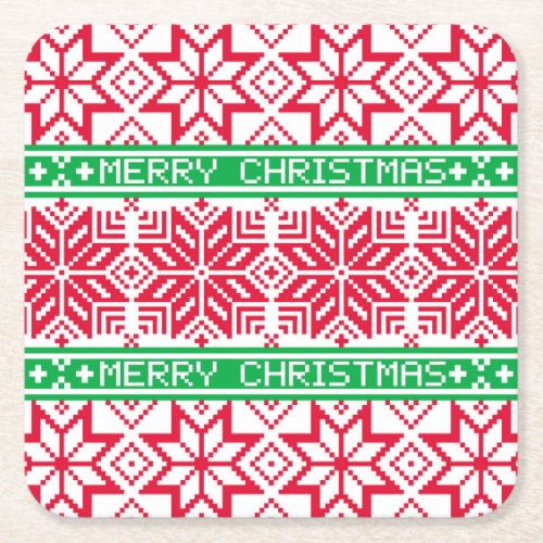 Ugly Sweater Merry Christmas Red Green Snowflake Square Paper Coaster