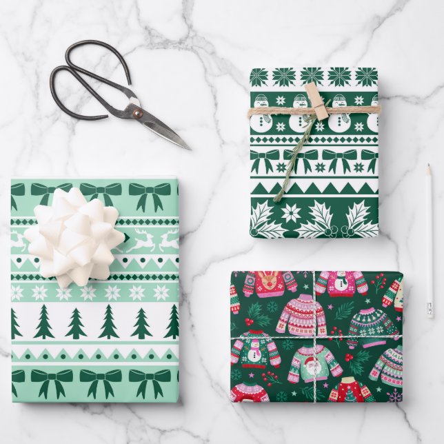 Ugly Sweater Mint and Dark Green Christmas  Wrapping Paper Sheets (Front)