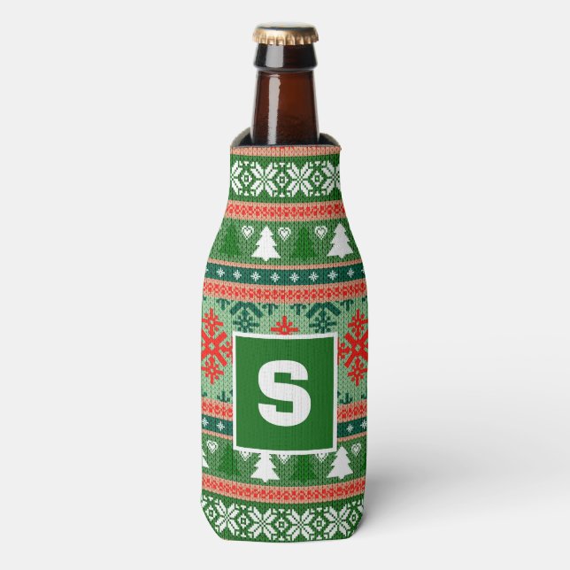 Ugly Sweater Monogram Christmas Bottle Cooler (Bottle Front)