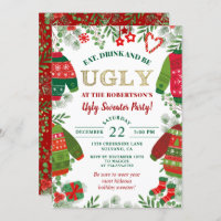 Ugly Sweater Party Greenery Red Christmas Holiday Invitation