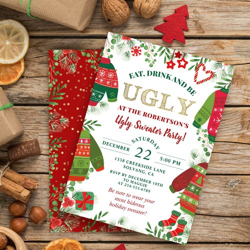Ugly Sweater Party Greenery Red Christmas Holiday Invitation