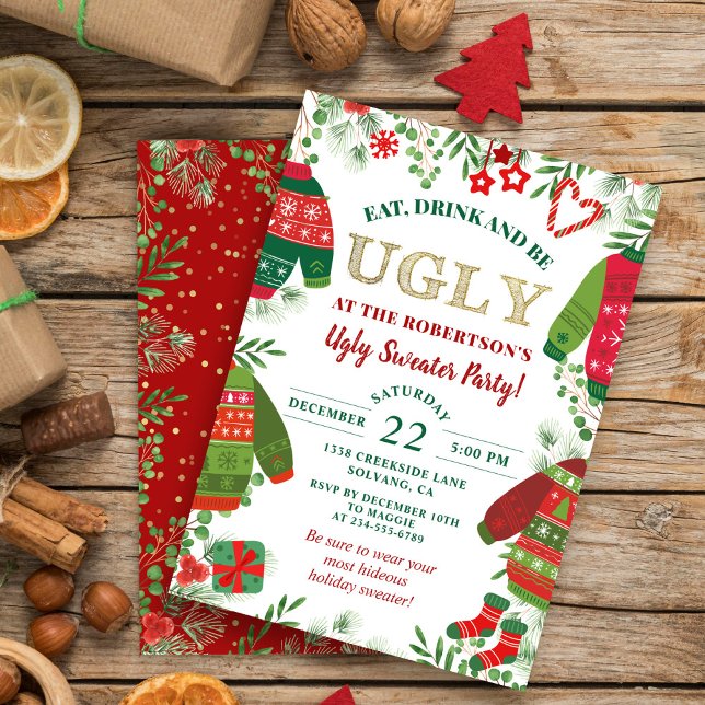 Ugly Sweater Party Greenery Red Christmas Holiday Invitation (Creator Uploaded)