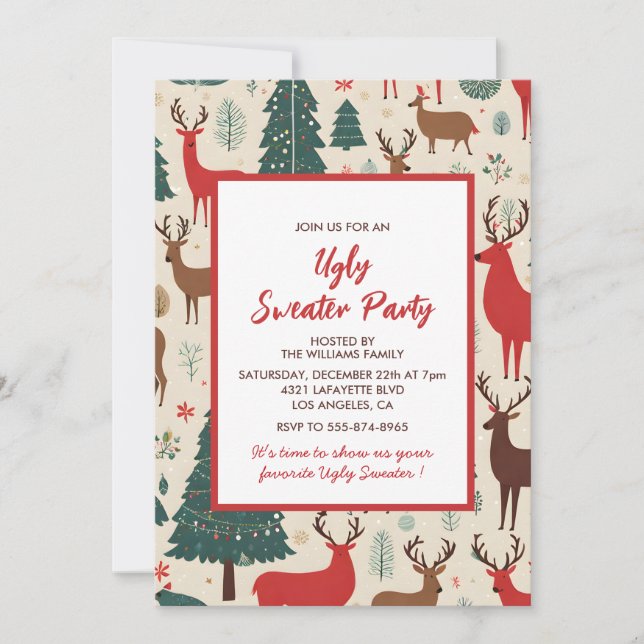 Ugly sweater party invitation Whimsical Deer (Front)