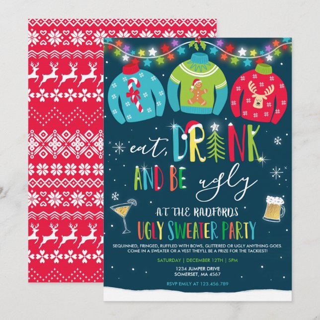 Ugly Sweater Party Invite Eat Drink And Be Ugly (Front/Back)