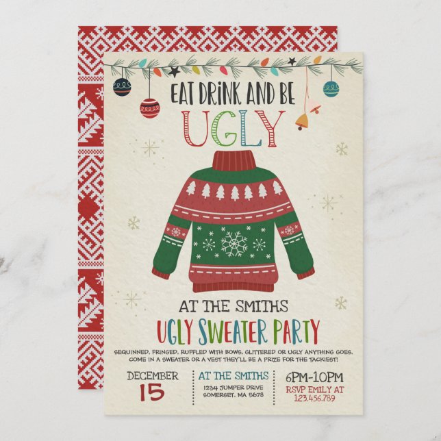 Ugly Sweater Party Invite Eat Drink And Be Ugly (Front/Back)
