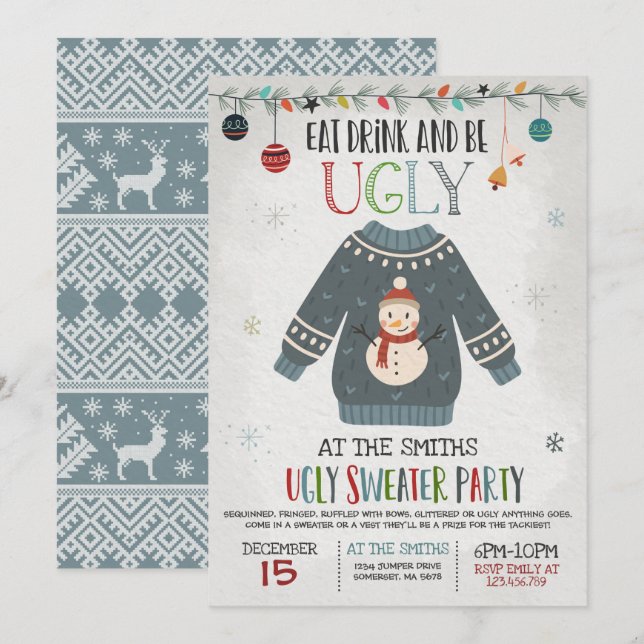 Ugly Sweater Party Invite Eat Drink And Be Ugly (Front/Back)