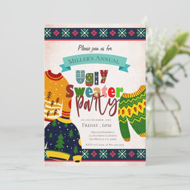 Ugly Sweater Pattern Christmas Party Invitation (Standing Front)
