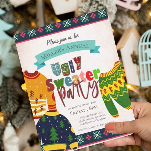 Ugly Sweater Pattern Christmas Party Invitation Postcard