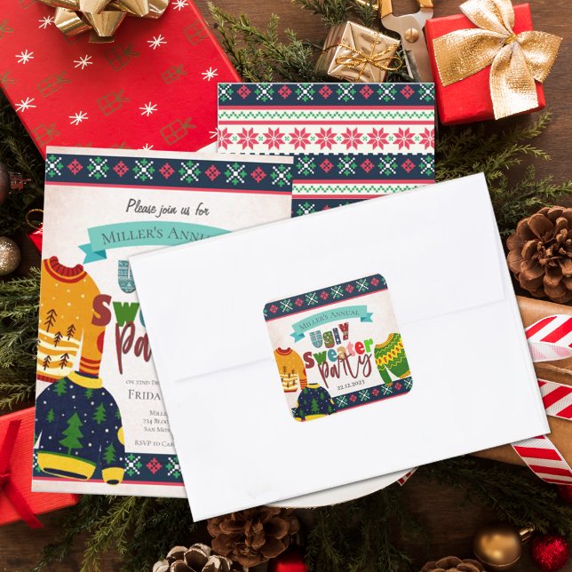 Ugly Sweater Pattern Christmas Party Invitation Square Sticker (Ugly Sweater Pattern Christmas Party Invitation Square Sticker
)
