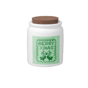 Ugly sweater pattern jingle bells and Merry Xmas w Candy Jar