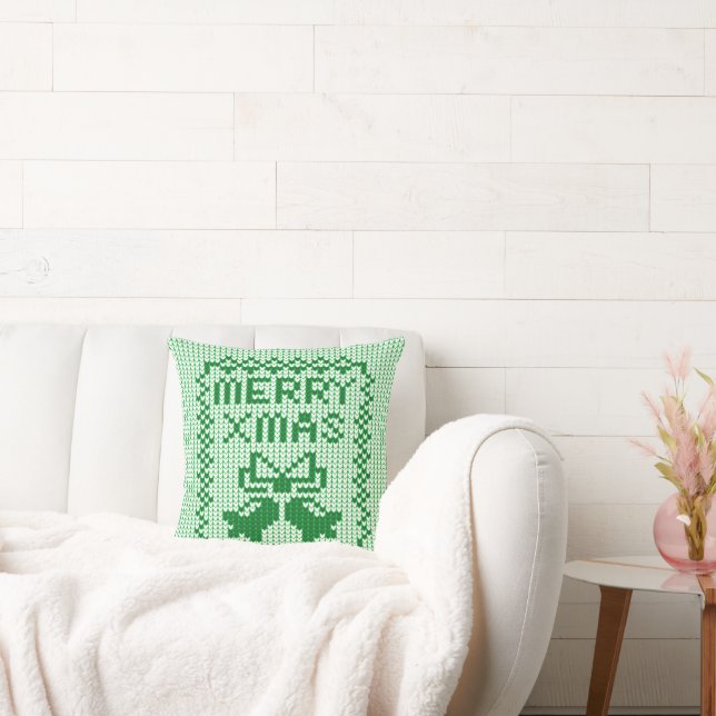 Ugly sweater pattern jingle bells and Merry Xmas w Throw Pillow (Couch)
