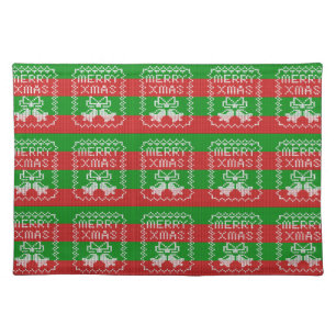 Ugly sweater pattern jingle bells Merry Xmas yarn Cloth Placemat