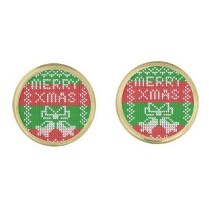Ugly sweater pattern jingle bells Merry Xmas yarn Cufflinks