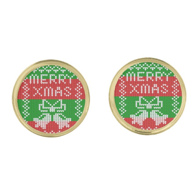 Ugly sweater pattern jingle bells Merry Xmas yarn Cufflinks (Front)