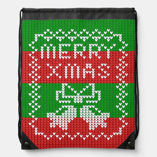 Ugly sweater pattern jingle bells Merry Xmas yarn Drawstring Bag (Front)