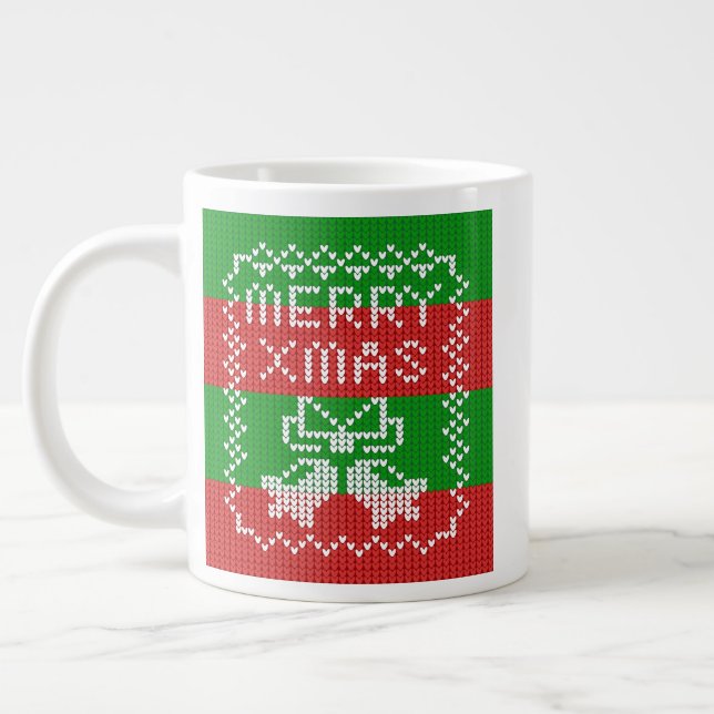 Ugly sweater pattern jingle bells Merry Xmas yarn Giant Coffee Mug (Left)