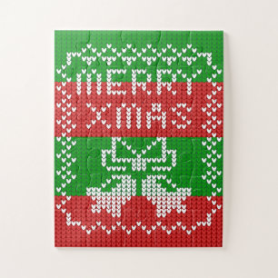Ugly sweater pattern jingle bells Merry Xmas yarn Jigsaw Puzzle