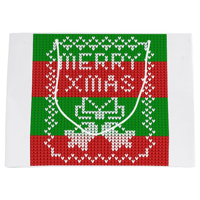Ugly sweater pattern jingle bells Merry Xmas yarn Large Gift Bag (Front)